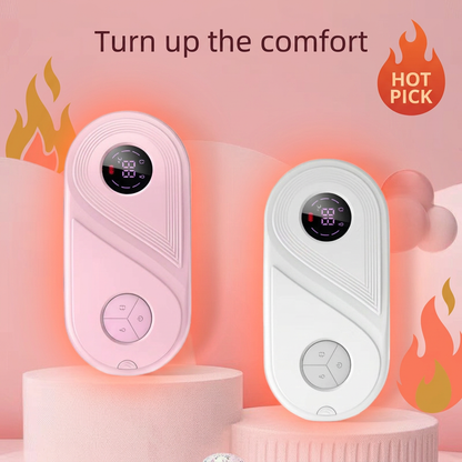 Pink and white heating pads with decorative flame accents and a Hot Pick badge